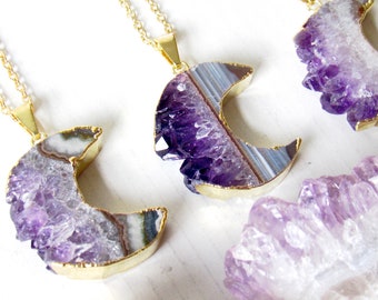 Amethyst Crystal Crescent Moon Necklaces, Amethyst Necklace, Gold Plated Necklace, Crystal Jewelry, Mothers Day Necklace, Gifts for Mom