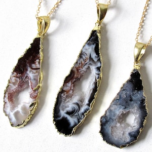 Geode Slice Necklace, Gold Geode Slice, Black Geode Slice, Raw Crystal Necklace, Agate Slice Jewelry, Geode Druzy Necklaces, Geode Gift