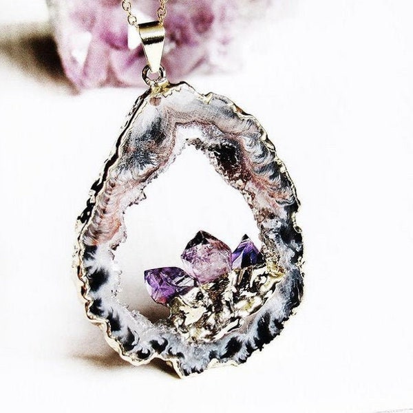 Amethyst Geode Slice Necklace, Amethyst Point, Amethyst Cystal Druzy Necklace, Mothers Day Necklace, Gift for Mom, Gold Plated Geode Slice