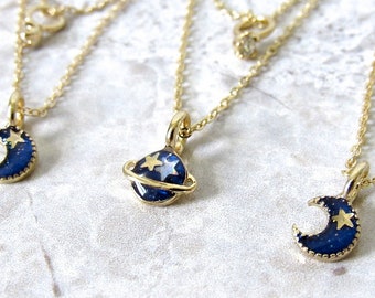 Saturn Necklace, Space Necklace, Space Jewelry, Dainty Necklace, Kids Jewelry, Saturn Ring, Gold Necklace, Gift for Her, Moon Necklace
