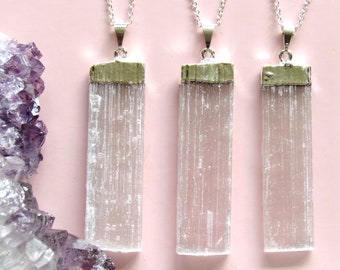 Selenite Chakra Blade Necklace, Selenite Amethyst Necklace, Sterling Silver Necklace,Amethyst Jewelry, Chakra Necklace,Crystal Points