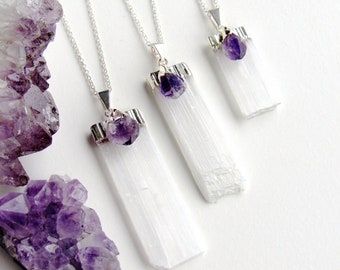Mothers Day Jewelry,Selenite Blade Necklace, Selenite Amethyst Necklace,Crystal Jewelry, Amethyst Jewelry, Gift for Mom, Personalized Mom