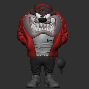 Puede incluir: Representación 3D del personaje de Taz, con una sudadera roja, una camiseta blanca con el logo de Nike, pantalones negros y botas grises. Una gorra de béisbol negra cuelga por detrás. El personaje tiene una expresión amenazante.