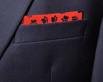 Pre-Folded Pocket square--red and black bear paw prints--Squares2go