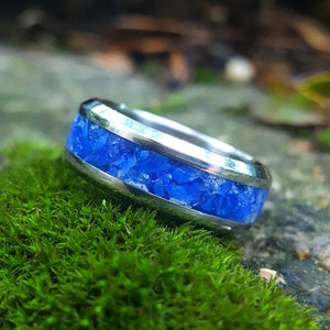 Wedding Ring, Stainless Steel ring with crushed Cobalt Blue Opal Inlay