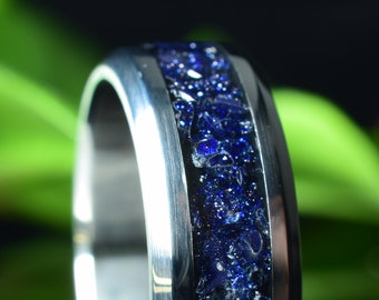 Wedding Ring, Promise Ring, Stainless Steel ring with crushed black sunstone