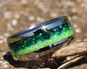 Wedding Ring, Stainless Steel ring with crushed green opal - Titanium or Tungsten