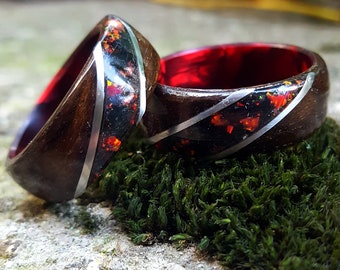 Fumed Eucalyptus with Crushed Ruby Opal and Black Tourmaline on Red Epoxy Core Bentwood Ring, Wood Ring for Men, Wood Ring for Women