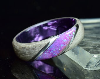 Silver Eucalyptus Bentwood with Crushed Lavender Opal on Purple Core Ring, Wood Ring for Men, Wood Ring for Women