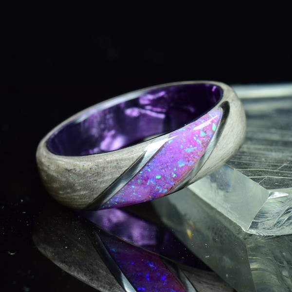 Silver Eucalyptus Bentwood with Crushed Lavender Opal on Purple Core Ring, Wood Ring for Men, Wood Ring for Women