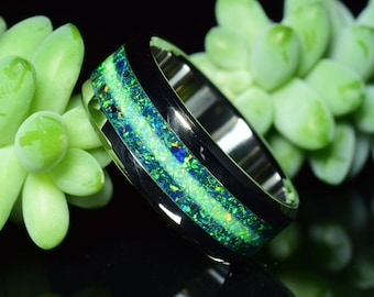 Wedding Ring, Stainless Steel ring with crushed dark green and green opal