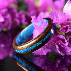 Fumed Eucalyptus with Crushed Ocean Blue Opal on Blue Epoxy Core Bentwood Ring, Wood Ring for Men, Wood Ring for Women, 5 mm