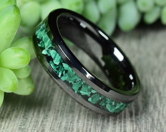 Anillo de compromiso, anillo de promesa, anillo de cerámica negra con obsidiana triturada y malaquita natural, 6 mm