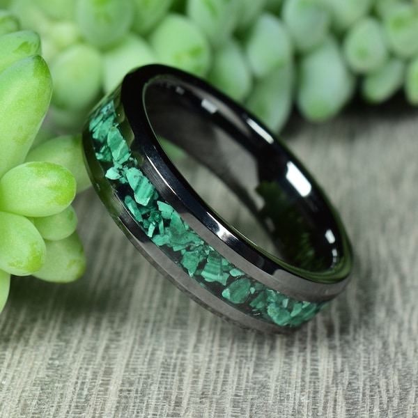 Verlovingsring, Beloftering, Zwarte Keramische Ring met Gemalen Obsidiaan en Natuurlijk Malachiet, 6 mm