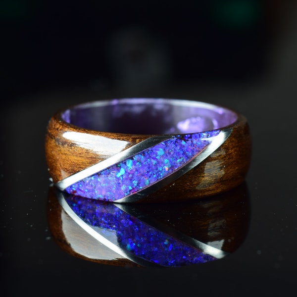 Fumed Eucalyptus with Crushed Lavender Opal and Stainless Steel on Dark Purple Core Bentwood Ring, Wood Ring for Men, Wood Ring for Women