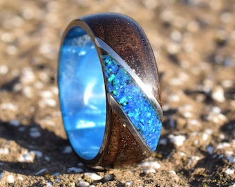 Fumed Eucalyptus with Crushed Ocean Blue Opal and Stainless Steel on Blue Epoxy Core Bentwood Ring, Wood Ring for Men, Wood Ring