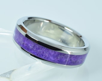 Wedding Ring, Stainless Steel ring with crushed Amethyst Inlay