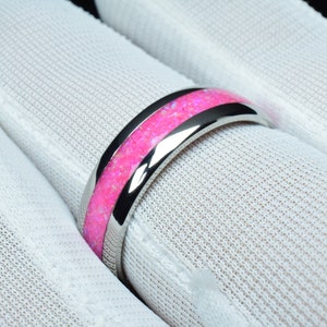 Pink Opal Wedding Ring - Stainless Steel Promise Ring with Princess Pink Opal Inlay - Engraving optional
