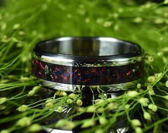 Wedding Ring | Promise Ring | Stainless Steel ring with Crushed Black Opal Inlay | Ring for Men | Ring for Women