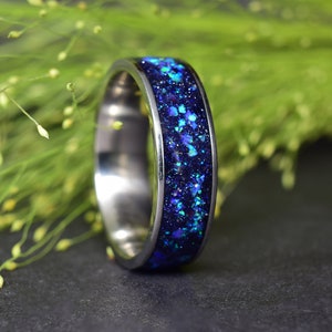 Ultimate Galaxy Opal Stainless Steel Wedding Ring with Sunstone Crystals, Blue and Lavender Opal - Handmade wedding band