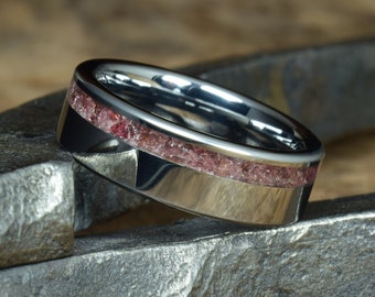Tungsten Wedding Ring with Crushed  Purplish Garnet Inlay - Promise ring, Anniversary Gift - Engraving optional