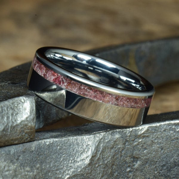 Tungsten Wedding Ring with Crushed  Purplish Garnet Inlay - Promise ring, Anniversary Gift - Engraving optional