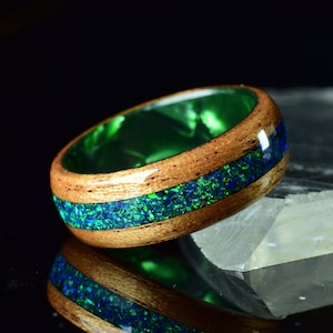 Mahogany Wood with Crushed Dark Green Opal on Green Epoxy Core Bentwood Ring, Wood Ring for Men, Wooden band