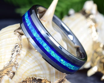 Tungsten Wedding Band with Crushed Lapis Lazuli and Blue Opal Inlay - Engraving optional