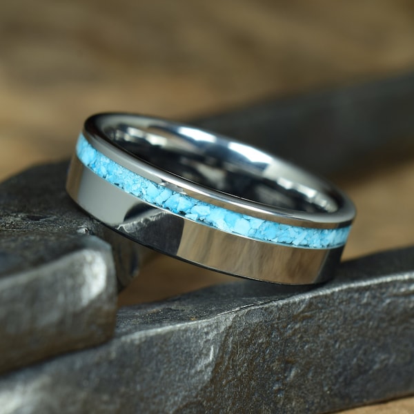 Tungsten Wedding Ring with Crushed Natural High Quality Turquoise Inlay - Engraving optional