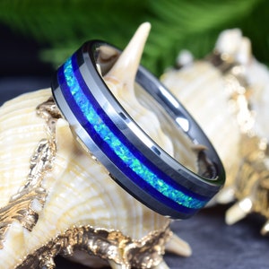 Tungsten Wedding Band with Crushed Lapis Lazuli and Blue Opal Inlay - Engraving optional