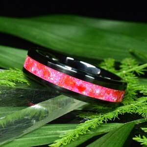 Engagement Ring, Promise Ring, Black Ceramic Ring with Crushed Pink and Ruby Red Opal 6 mm