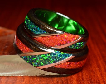 Fumed Eucalyptus Wood with Ruby Red and Dark Green Opal Ring Set, Wood Ring for Men, Wood Ring for Women