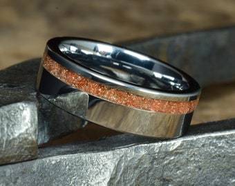 Tungsten Wedding Band with Crushed Goldstone - Sunstone Inlay - Engraving optional