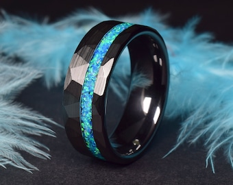 Hammered Black Ceramic Ring with Ocean Blue Opal - Engraving Optional