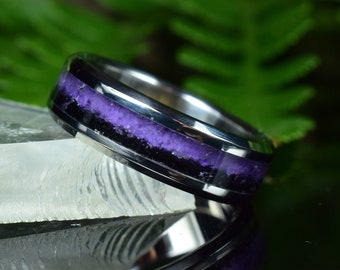 Wedding Ring, Stainless Steel ring with crushed Amethyst and Black Tourmaline Inlay