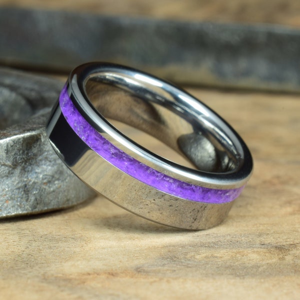 Tungsten Wedding Ring with High Quality Amethyst (AAAA) Inlay - Engraving optional