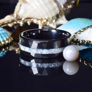 Hammered Black Ceramic Ring with Crushed Natural White Peal Inlay, Wedding Ring, Mens Wedding Ring - Engraving Optional