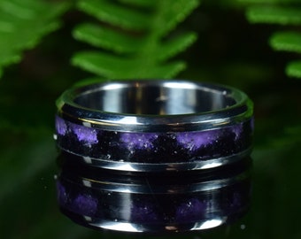 Wedding Ring, Stainless Steel ring with crushed Amethyst and Black Tourmaline Inlay