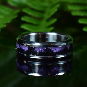 Wedding Ring, Stainless Steel ring with crushed Amethyst and Black Tourmaline Inlay