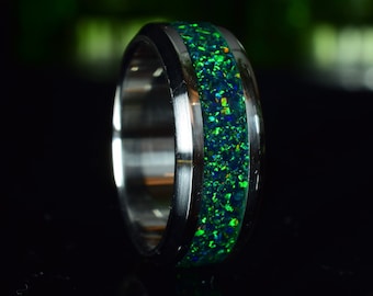 Wedding Ring, Stainless Steel ring with crushed green opal