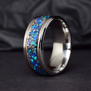 Titanium Ring / Stainless Steel Ring with 14k Gold - Blue Opal and Meteorite Mix, Wedding Ring, Ring for Mens - Galaxy jewellery