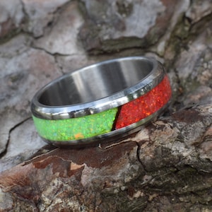 Wedding Ring, Stainless Steel Ring with Crushed Ruby and Green Opals