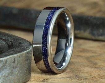 Tungsten Wedding Band with Crushed Black Goldstone - Sunstone Inlay - Engraving optional