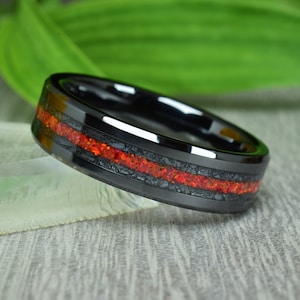 6 mm Black Ceramic Ring with Crushed Antimonite Crystals and Ruby Red Opal, Wedding Ring, Anniversary Ring