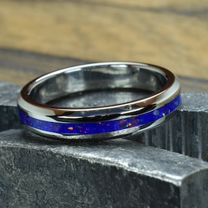 Wedding Ring, Titanium ring with crushed Lapis Lazuli and Orchid Opal 4 mm