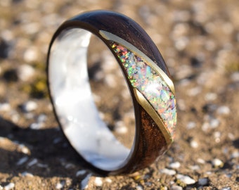Fumed Eucalyptus with Crushed White Opal and Brass on White Epoxy Core Bentwood Ring, Wood Ring for Men, Wood Ring for Women