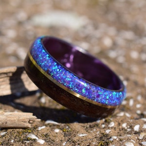 Fumed Eucalyptus Bentwood with Crushed Lavender Opal and Yellow Gold on Purple Epoxy Core Bentwood Ring, Wood Ring for Men, Ring for Women