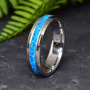 Titanium Ring / Tungsten wedding ring / Stainless Steel Ring with 14k Yellow Gold - Deep Blue Opal, Wedding Ring, Ring for Mens