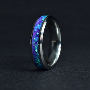 Wedding Ring, Stainless Steel ring with crushed Natural Amethyst and Ocean Blue Opal Inlay - Engraving optional