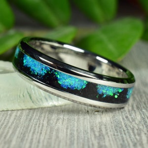 Wedding Ring, Stainless Steel ring with crushed Black Tourmaline, Blue and Green Opal Inlay